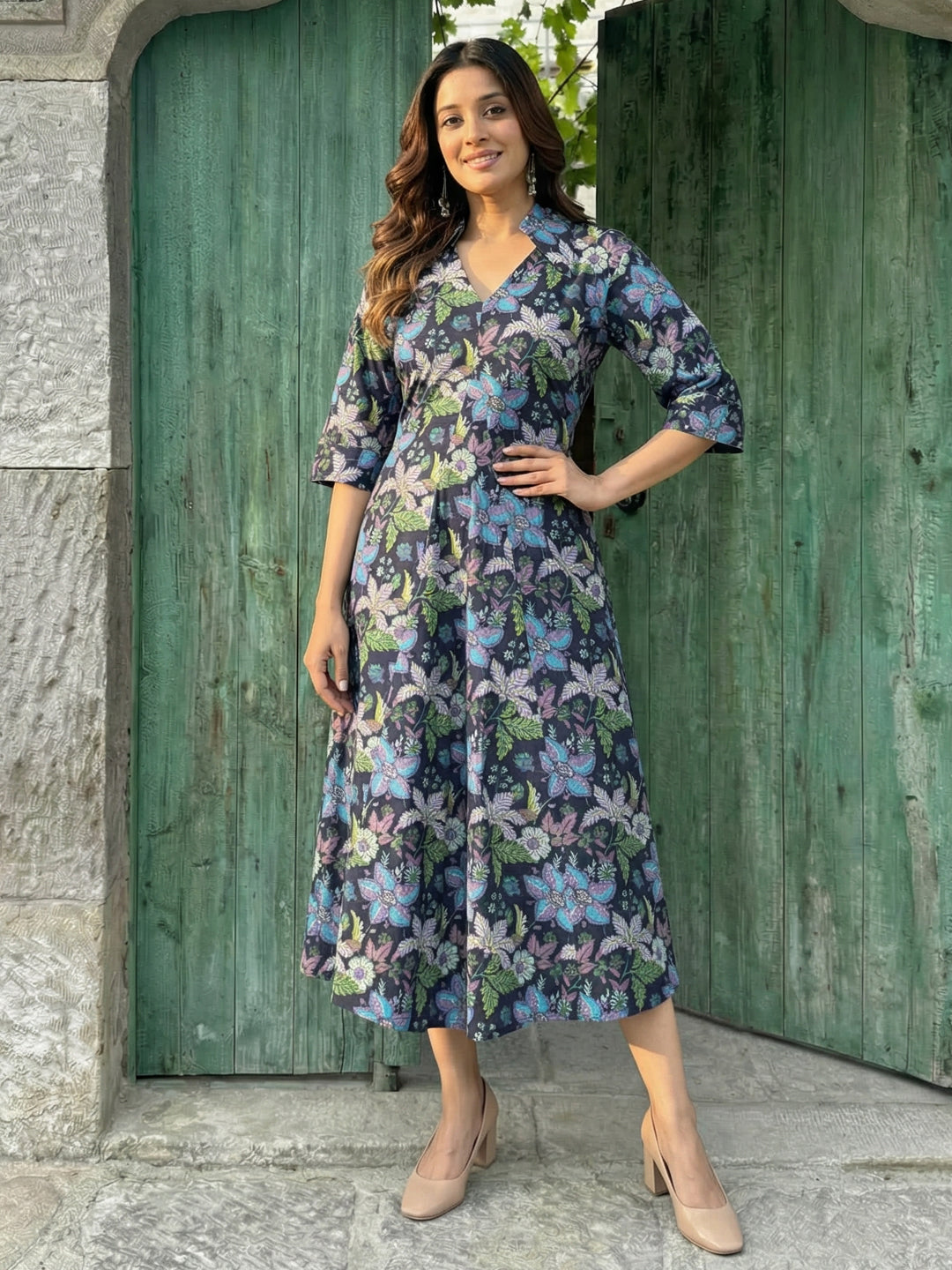 Dark Blue Printed Cotton Dress