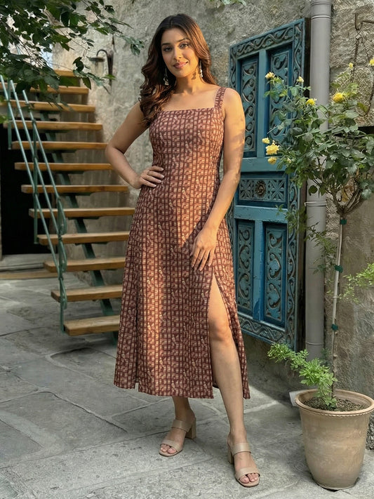 Brown Square Printed Cotton Dress
