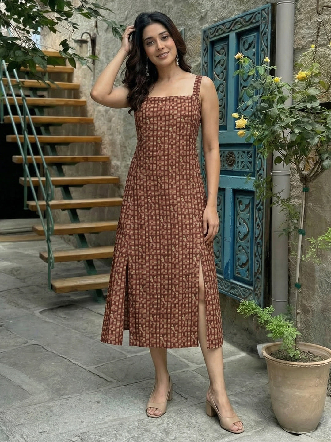 Brown Square Printed Cotton Dress