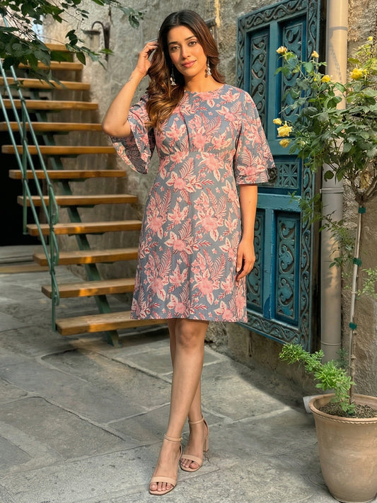 Grey Floral Printed Cotton Dress