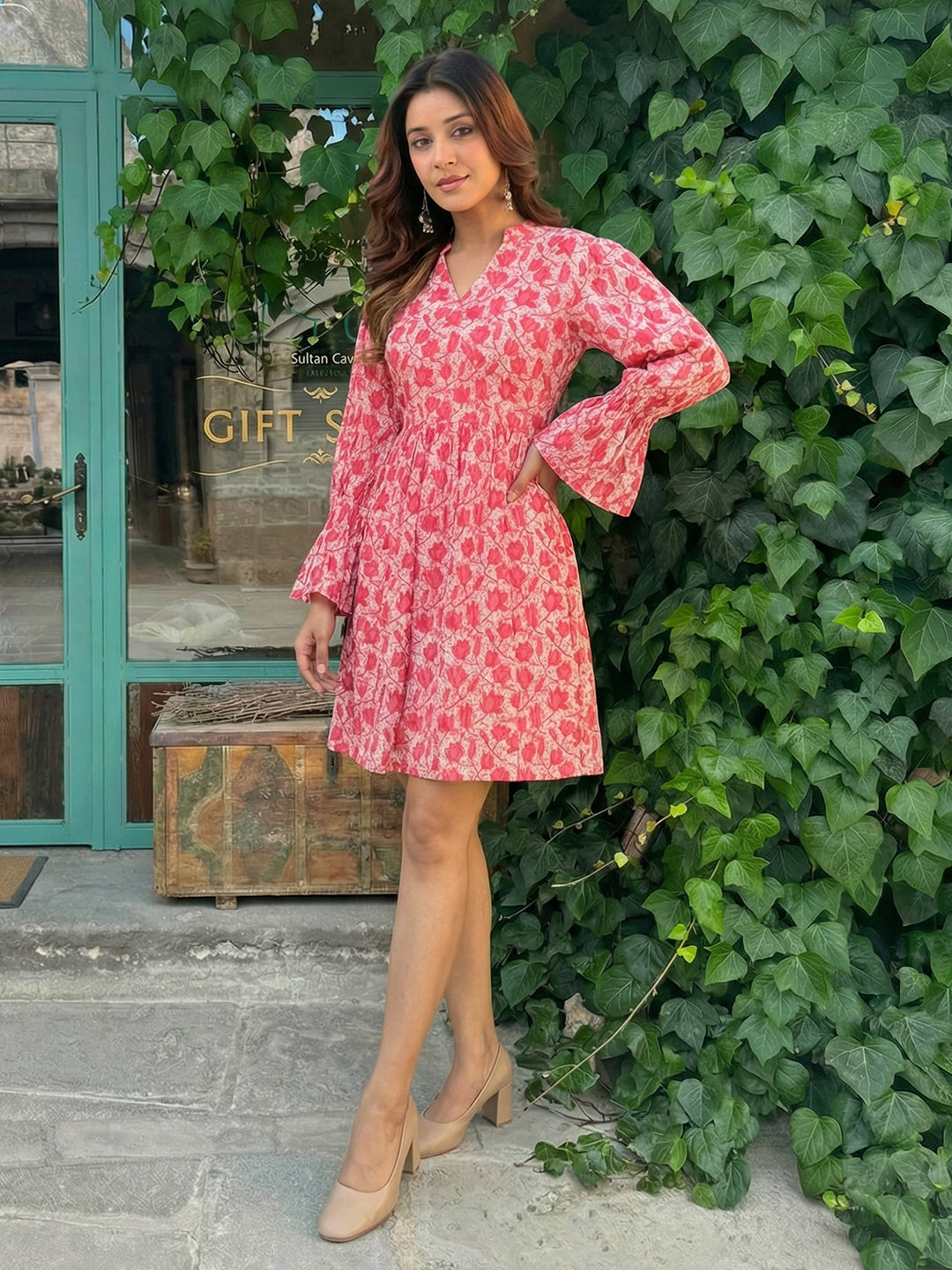 Pink Rose Printed Cotton Dress