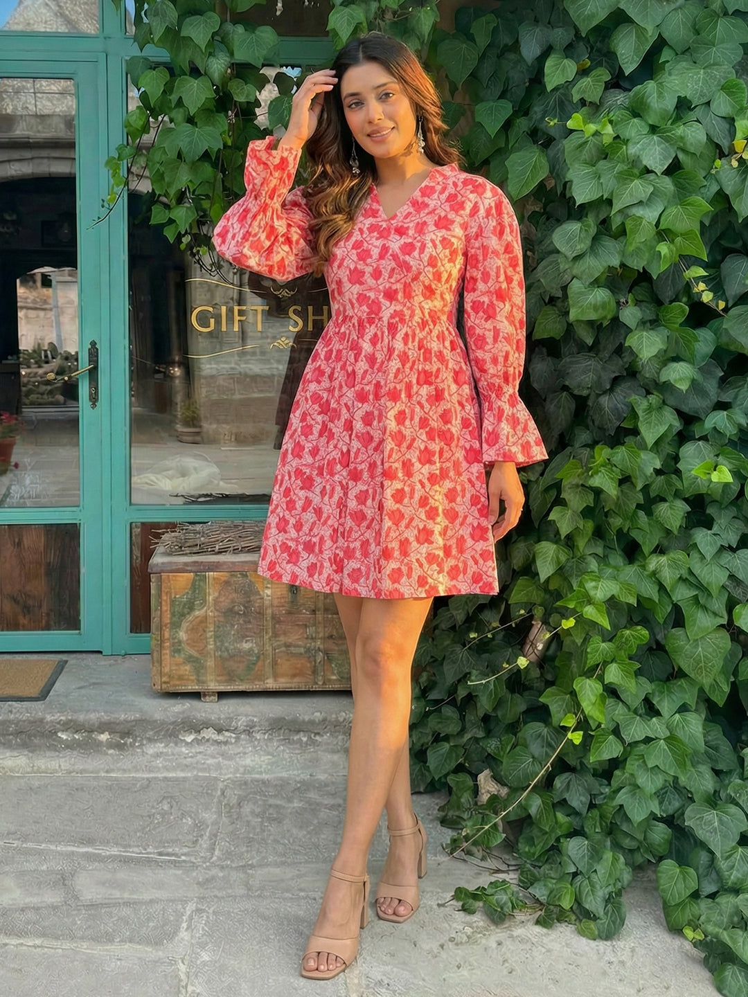 Pink Rose Printed Cotton Dress