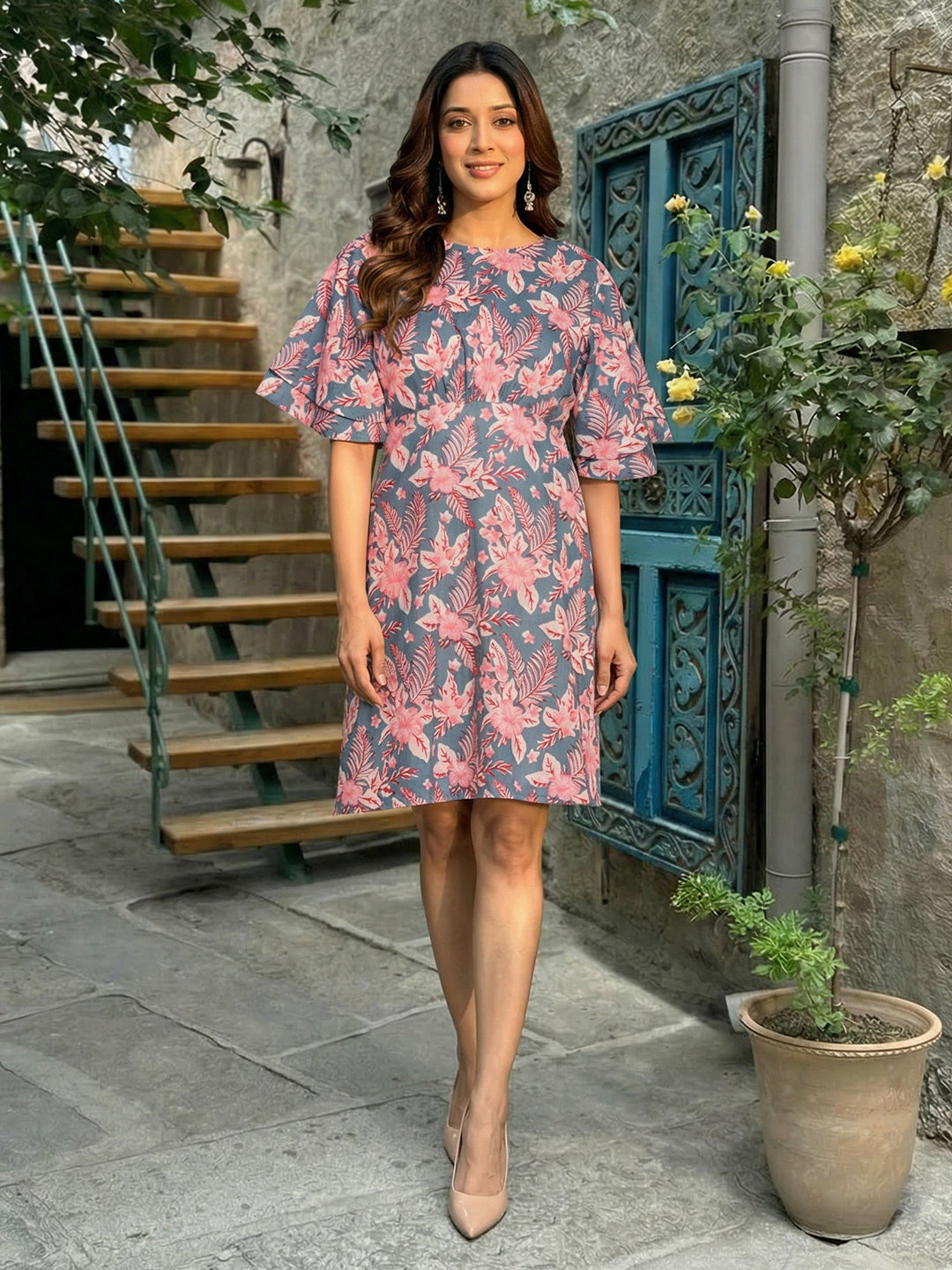 Grey Floral Printed Cotton Dress