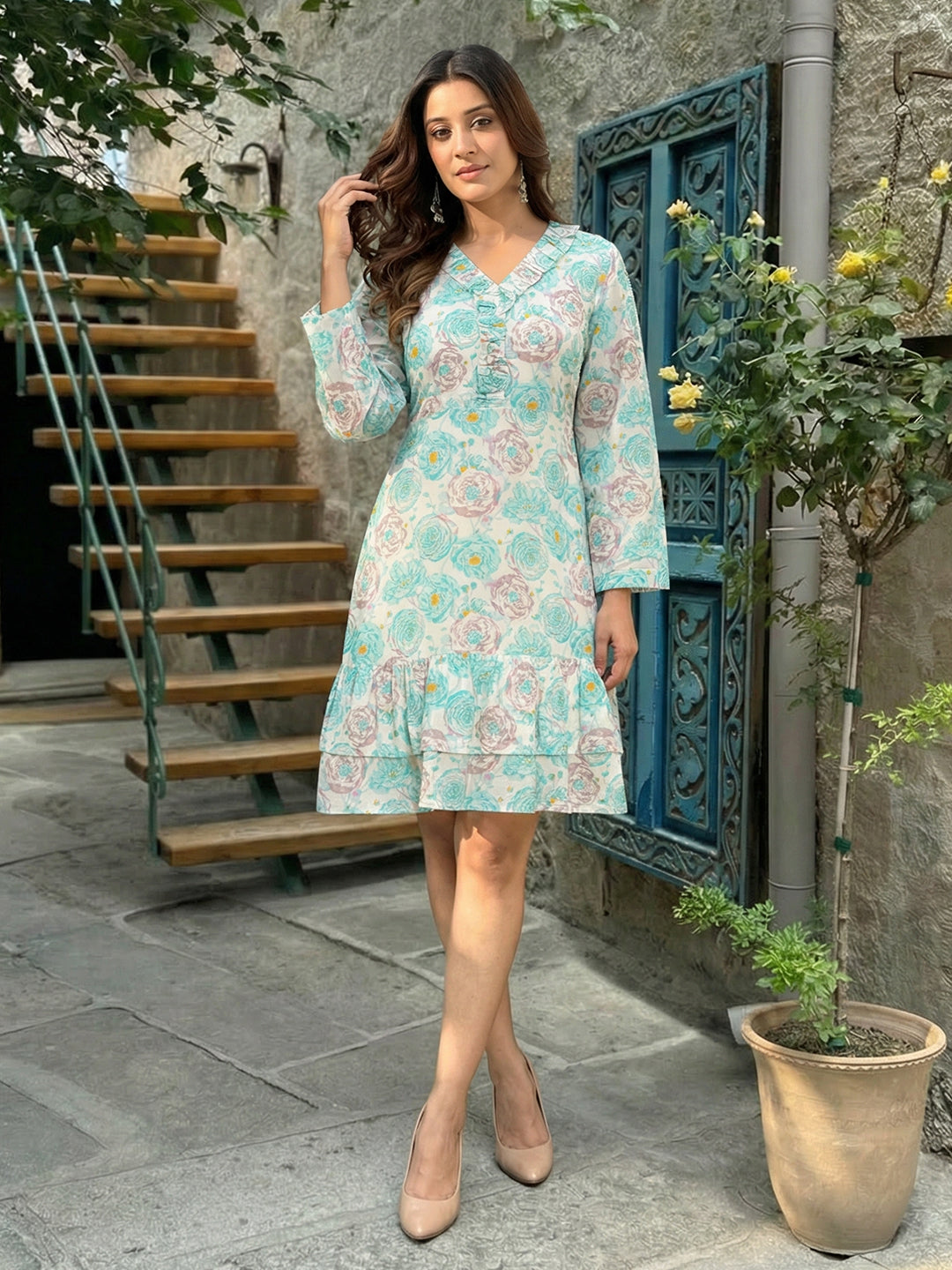 Cream Sea Green Printed Cotton Dress