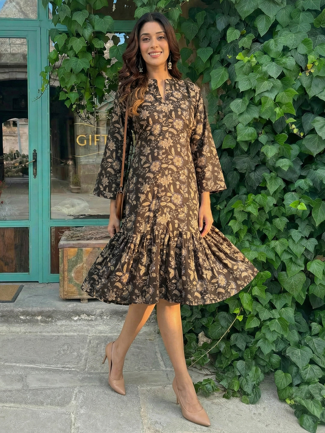 Brown Printed Cotton Dress