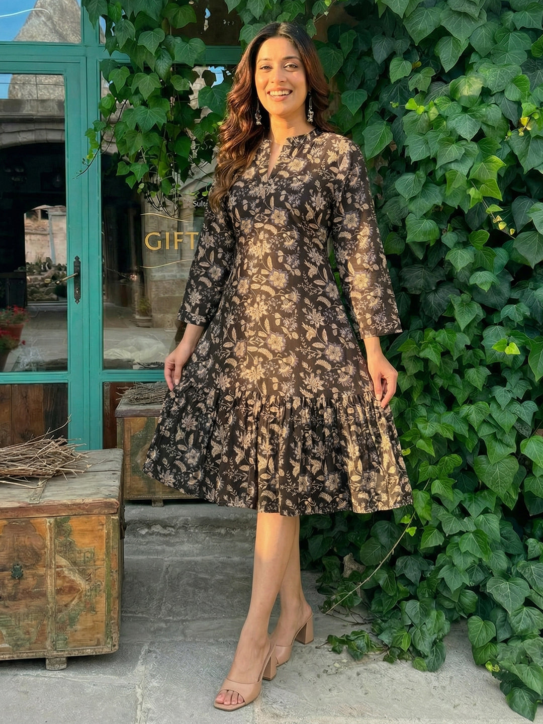 Brown Printed Cotton Dress