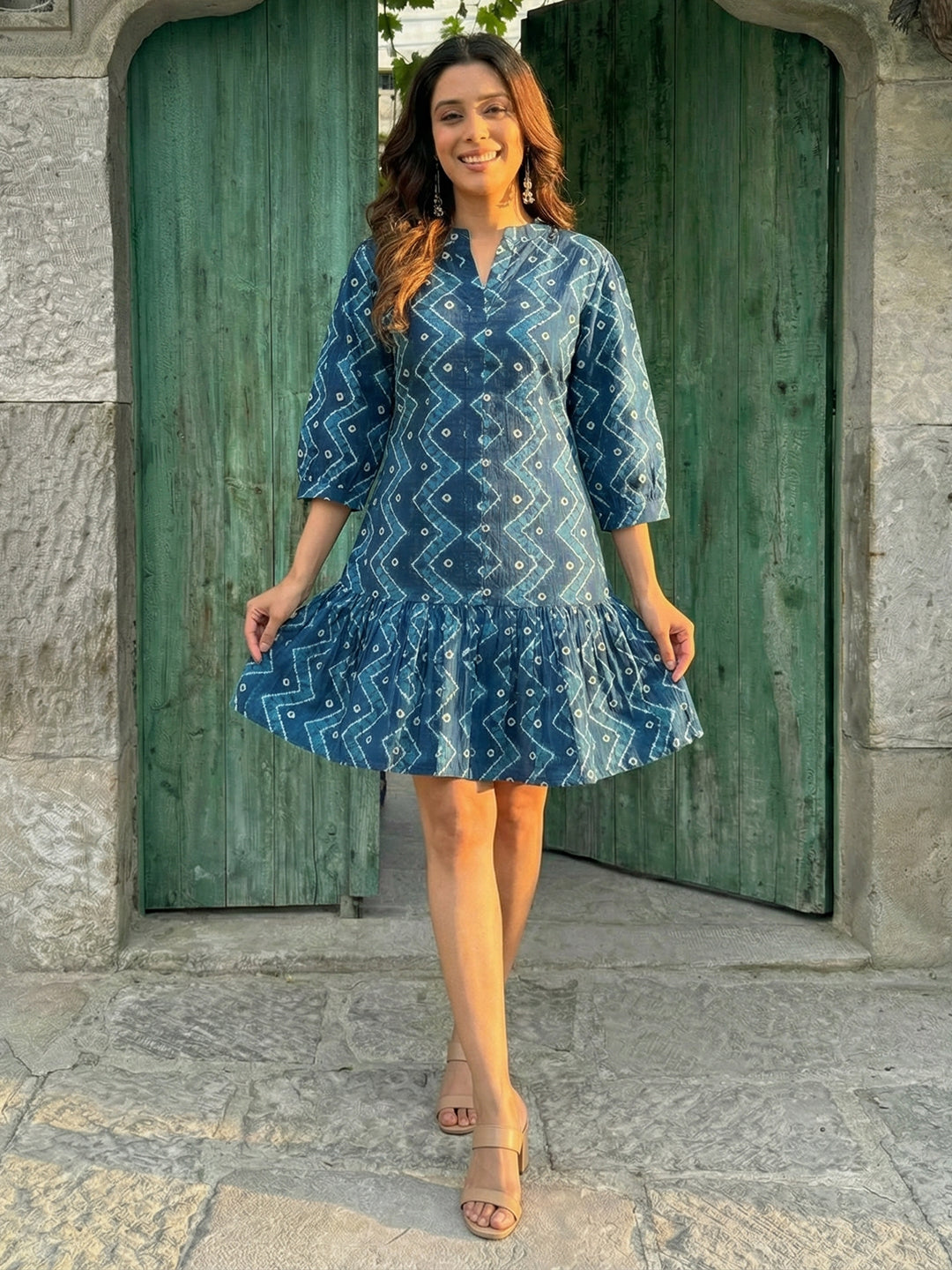 Indigo Leheriya Printed Cotton Dress