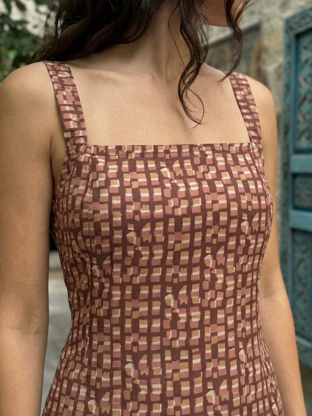 Brown Square Printed Cotton Dress