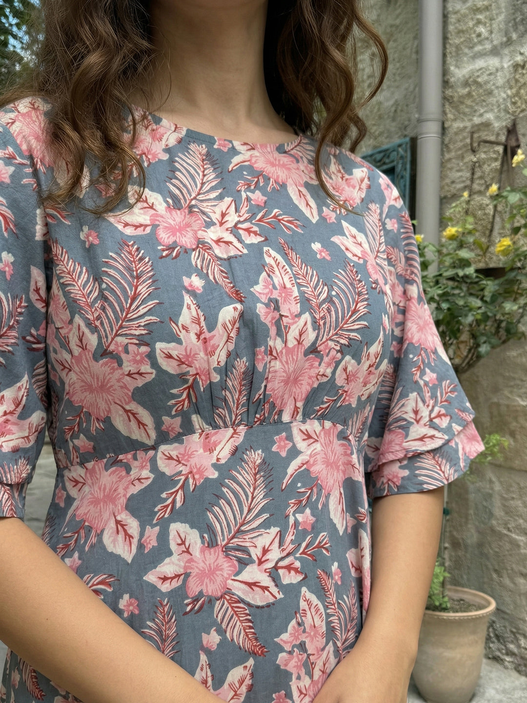 Grey Floral Printed Cotton Dress