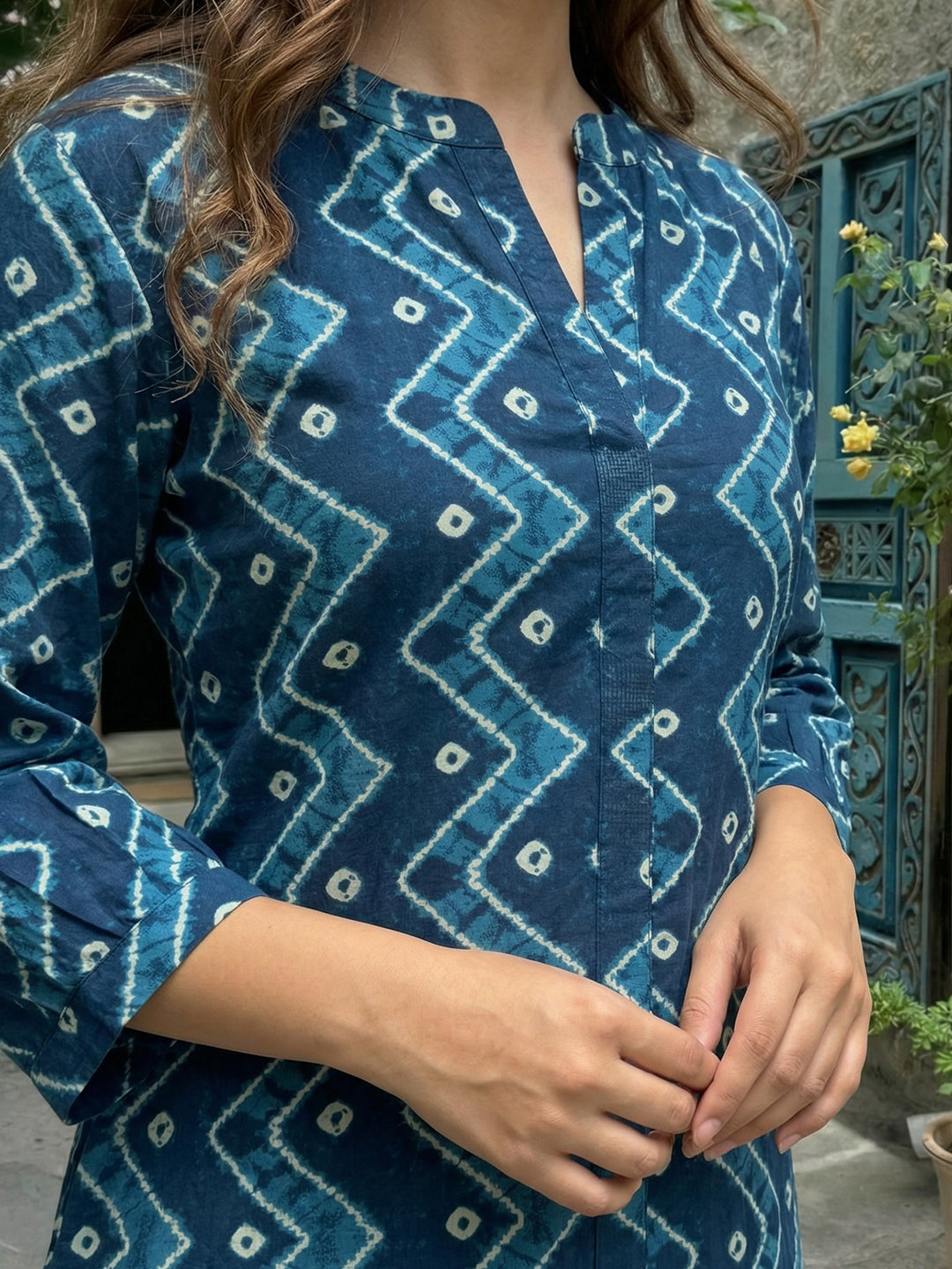 Indigo Leheriya Printed Cotton Dress