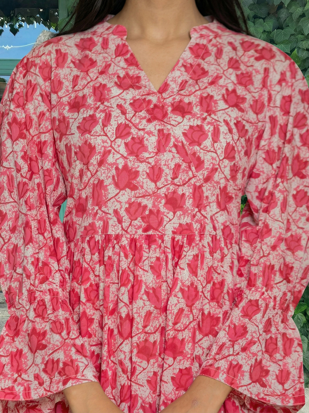 Pink Rose Printed Cotton Dress
