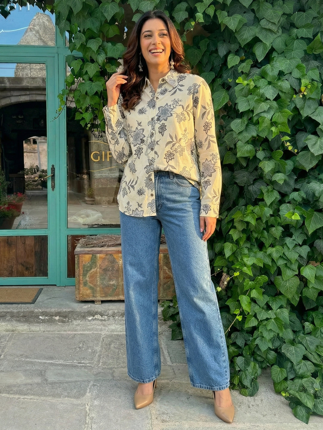 Cream Black Printed Cotton shirt