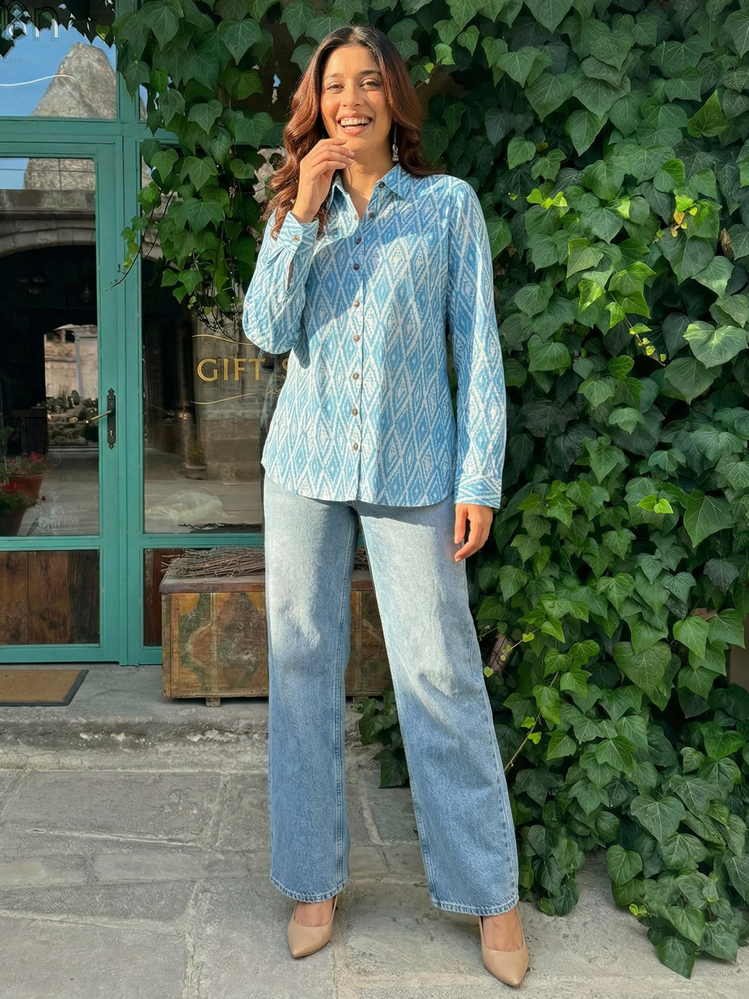Blue Ikkat Printed Cotton shirt