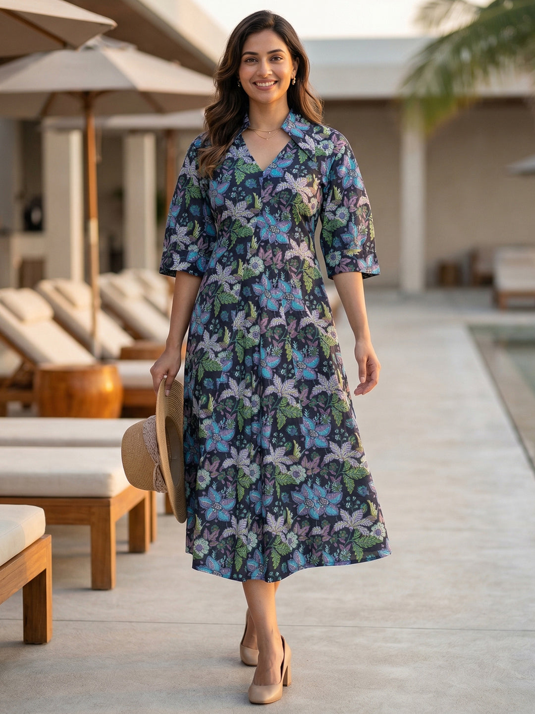 Dark Blue Printed Cotton Dress