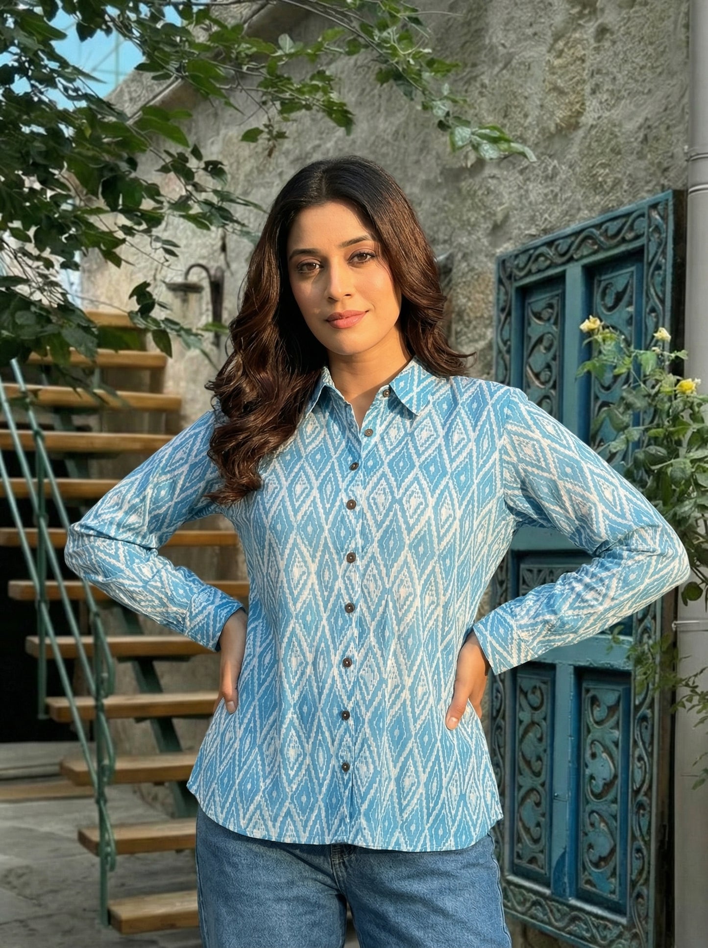 Blue Ikkat Printed Cotton shirt